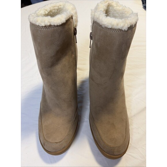 Unisa Wedge Tan Suede Ankle Winter Boots Women 8.5M Sherpa Lined Boho NEW - Picture 9 of 14